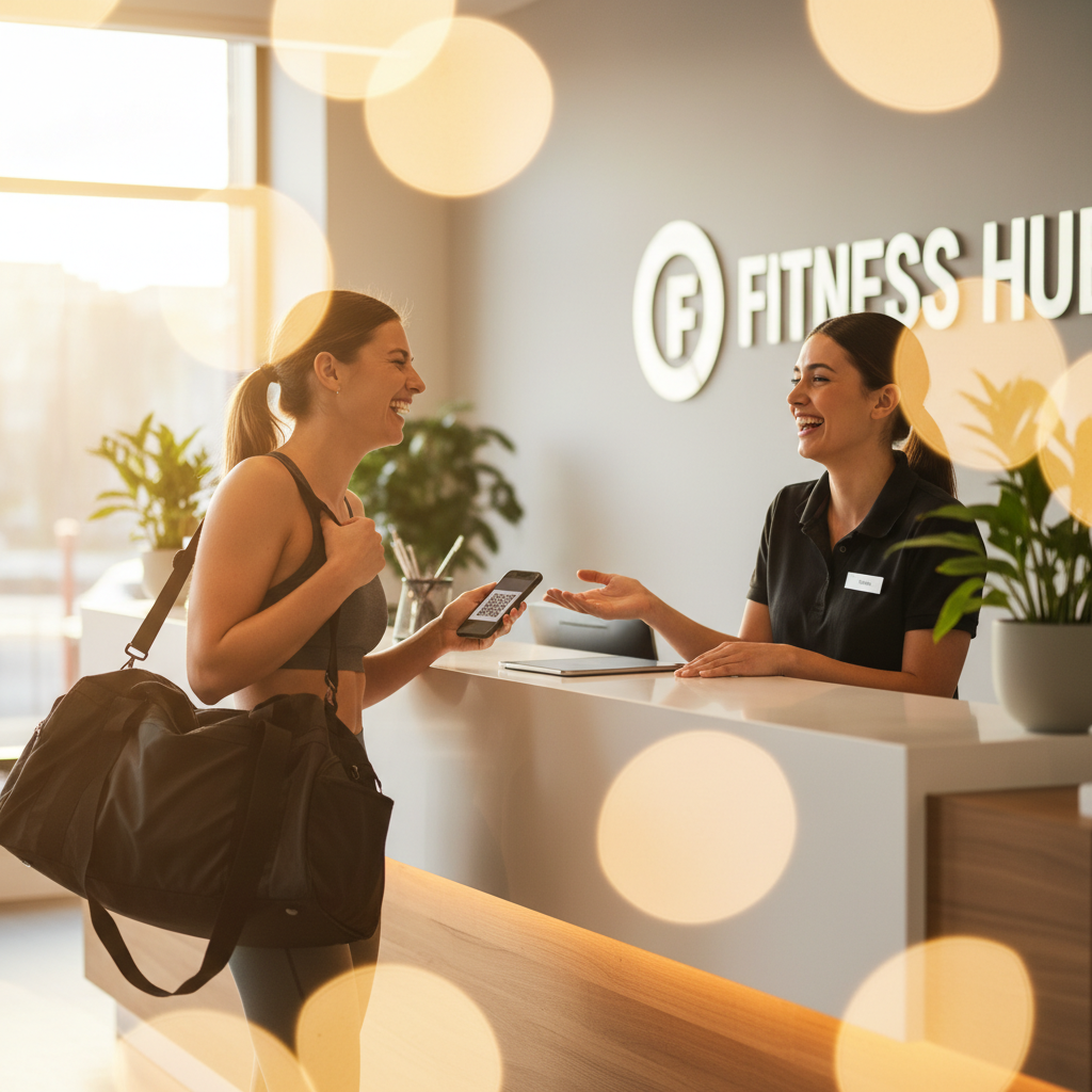 Front desk check-in area with day pass visitor being greeted