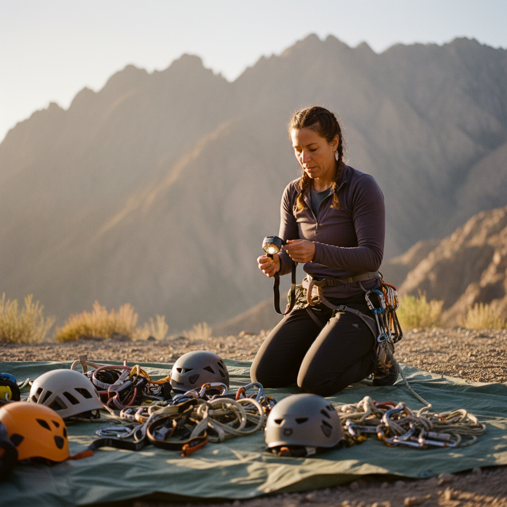 Adventure guide checking gear and equipment before trip departure