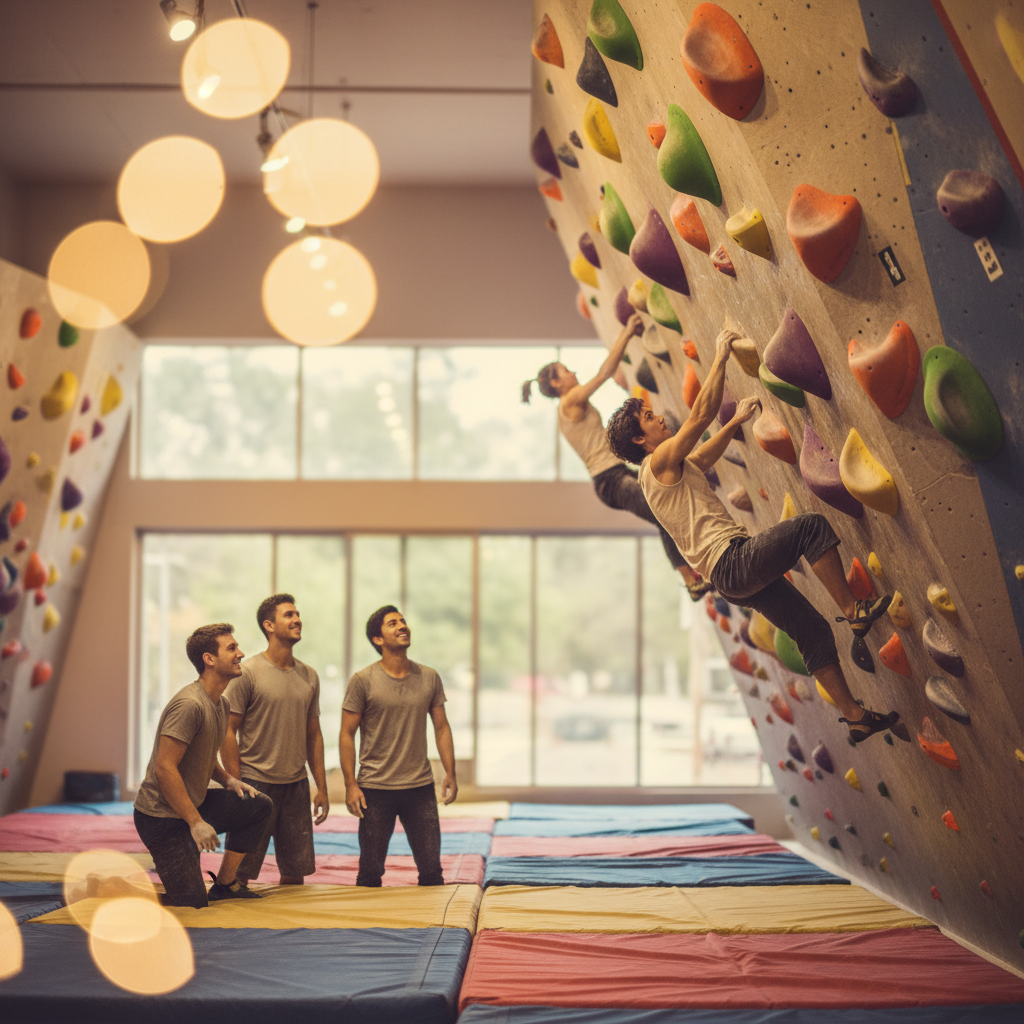 Bouldering wall with thick crash pads covering the floor and colorful holds