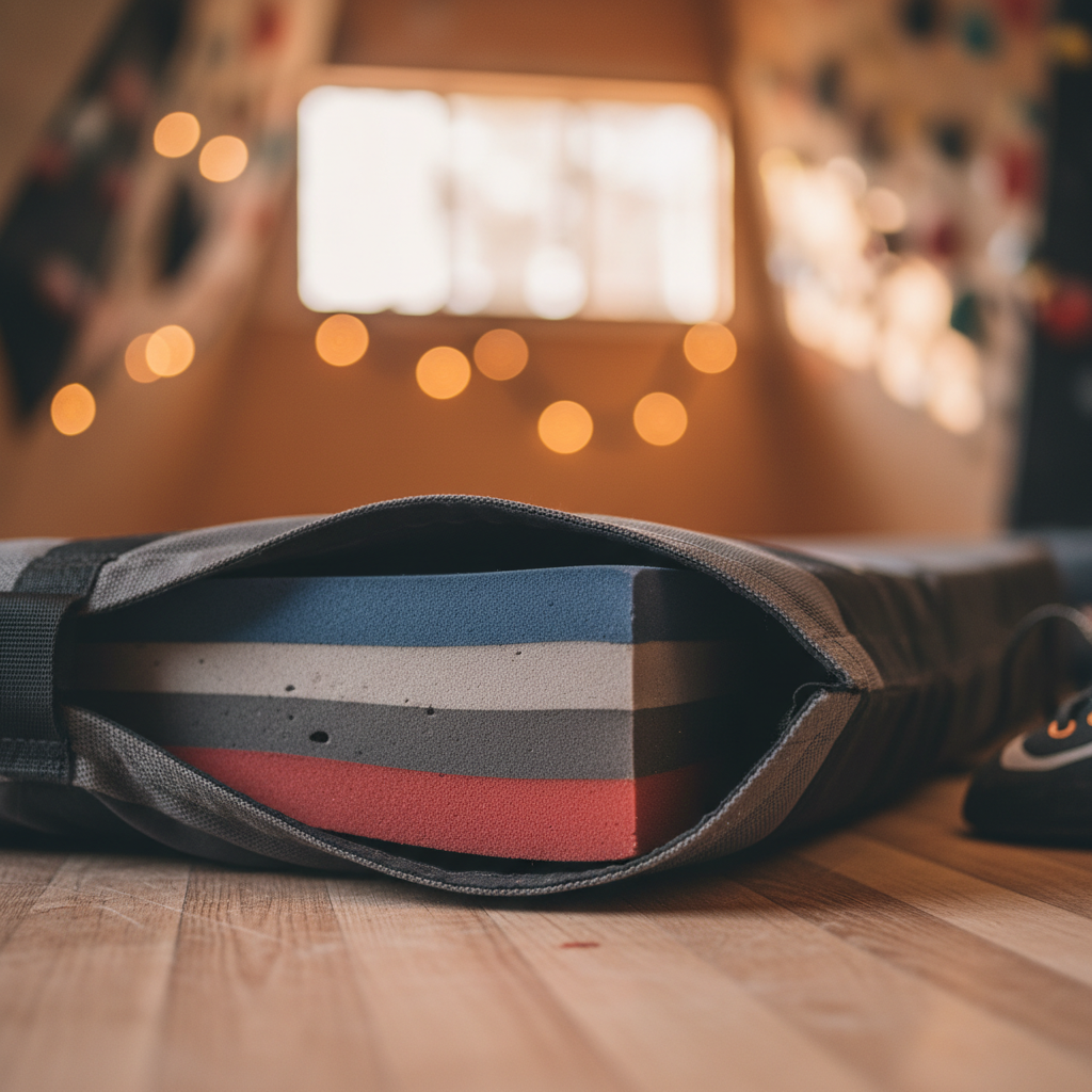 Close-up of layered bouldering crash pad foam showing multiple density layers