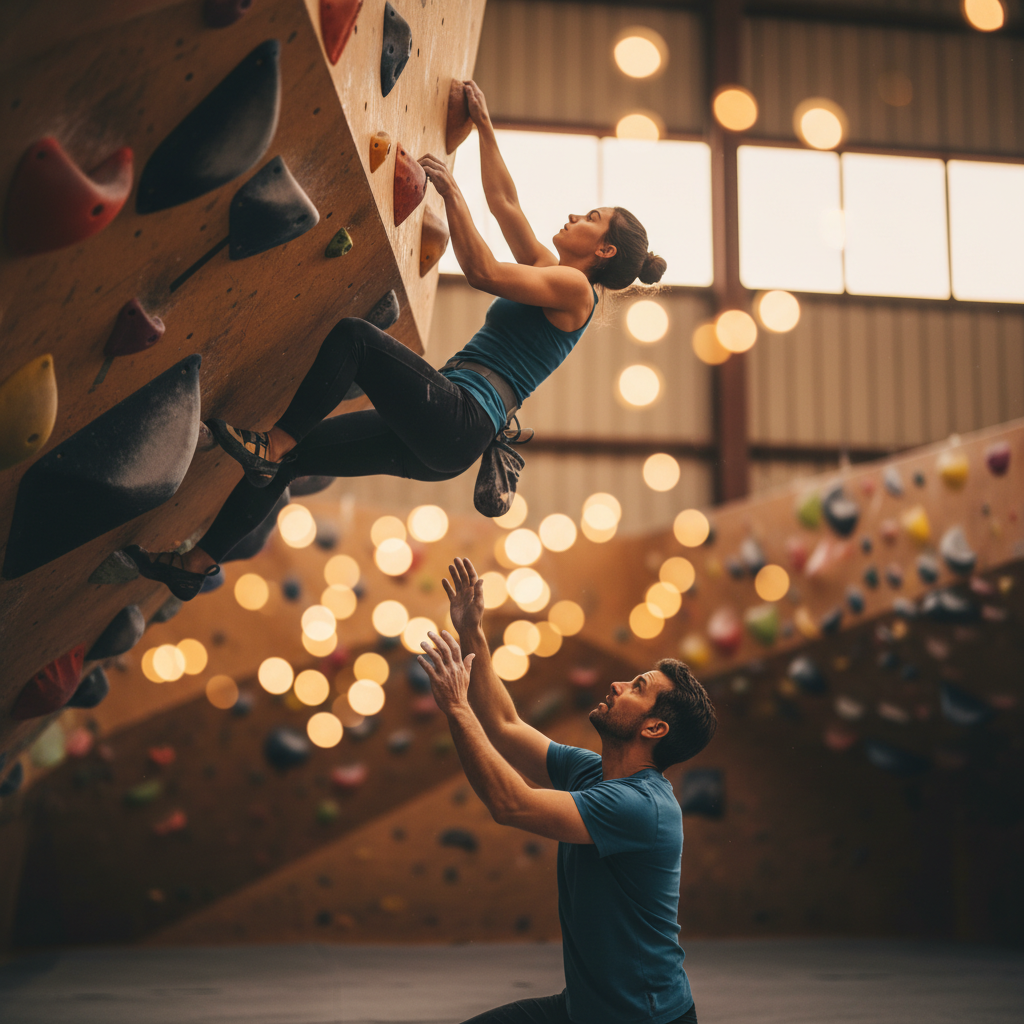 Experienced spotter positioned below a boulderer on an overhung wall section