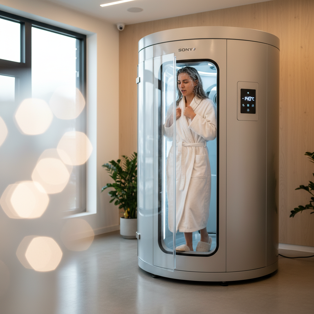 Modern cryotherapy chamber in a clean wellness facility with digital temperature display