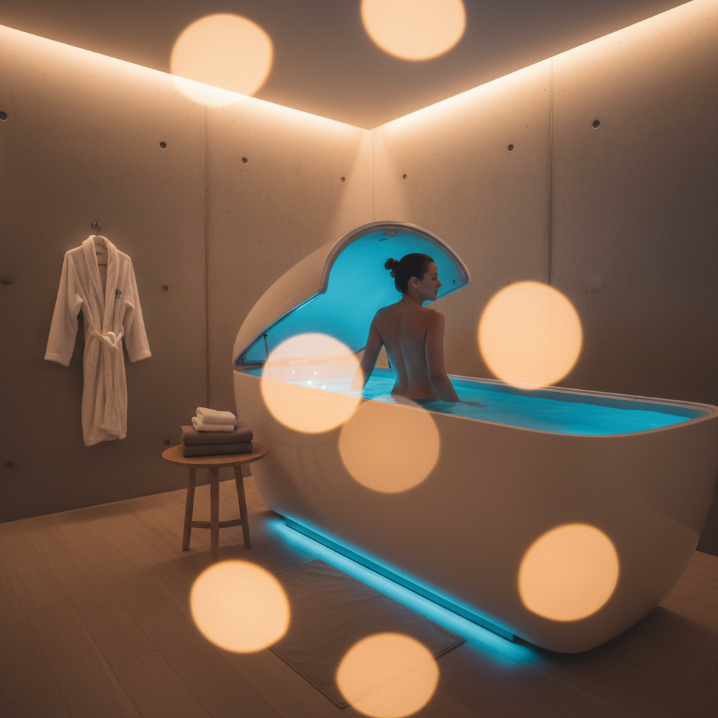 Float therapy pod in a private room with dim blue lighting and clean modern finishes