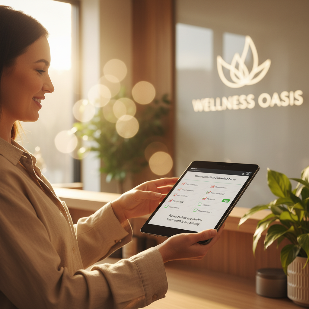Digital intake tablet showing a contraindication screening form at a wellness center front desk