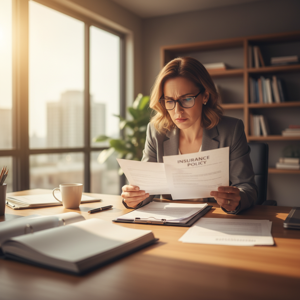 Business owner reviewing insurance policy documents with concerned expression
