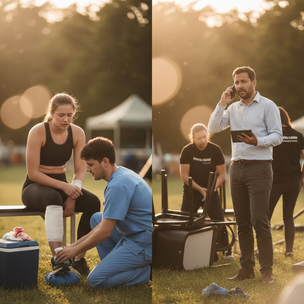 Split image showing injured participant receiving medical care and business owner dealing with aftermath