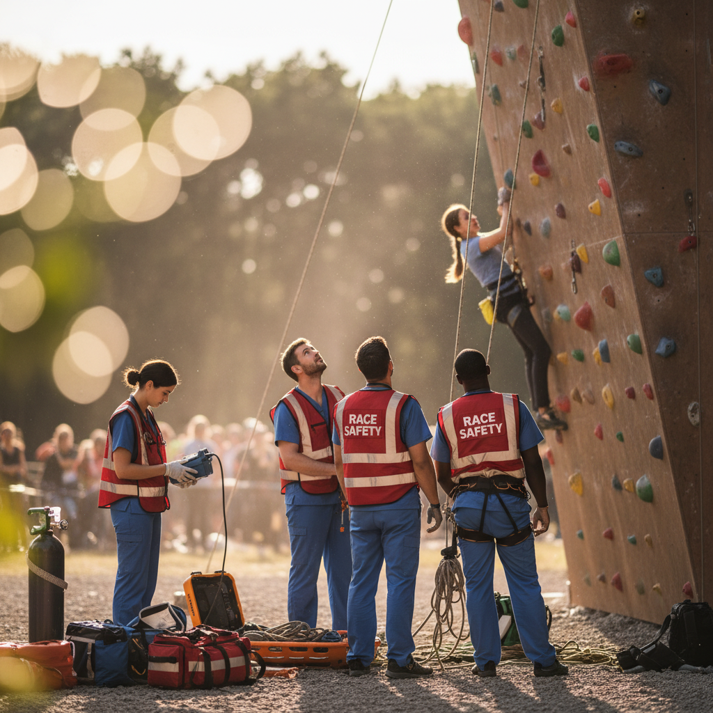 Medical team stationed near a climbing wall obstacle with emergency equipment ready
