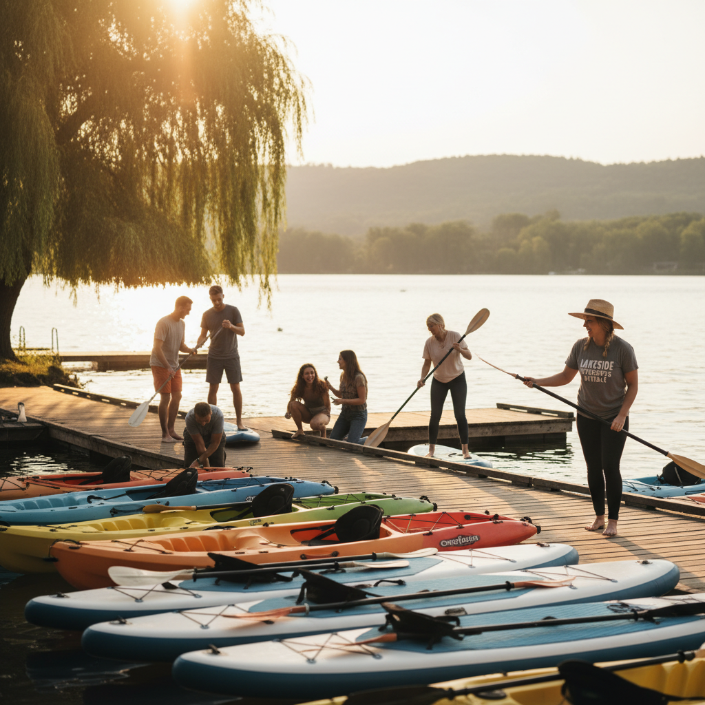 Kayak and paddleboard rental shop on a lakefront with equipment lined up on the dock