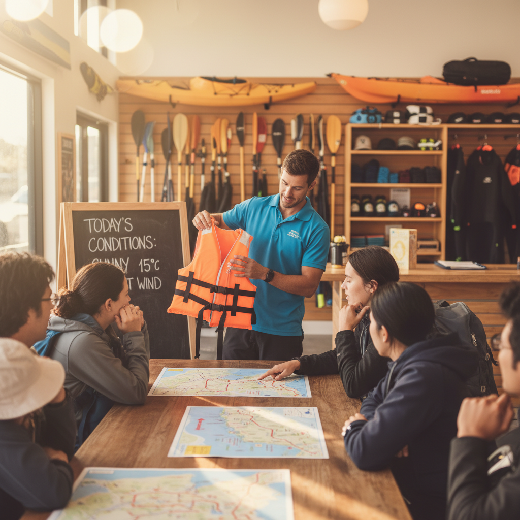 Rental safety briefing area with weather board, route maps, and PFD demonstration