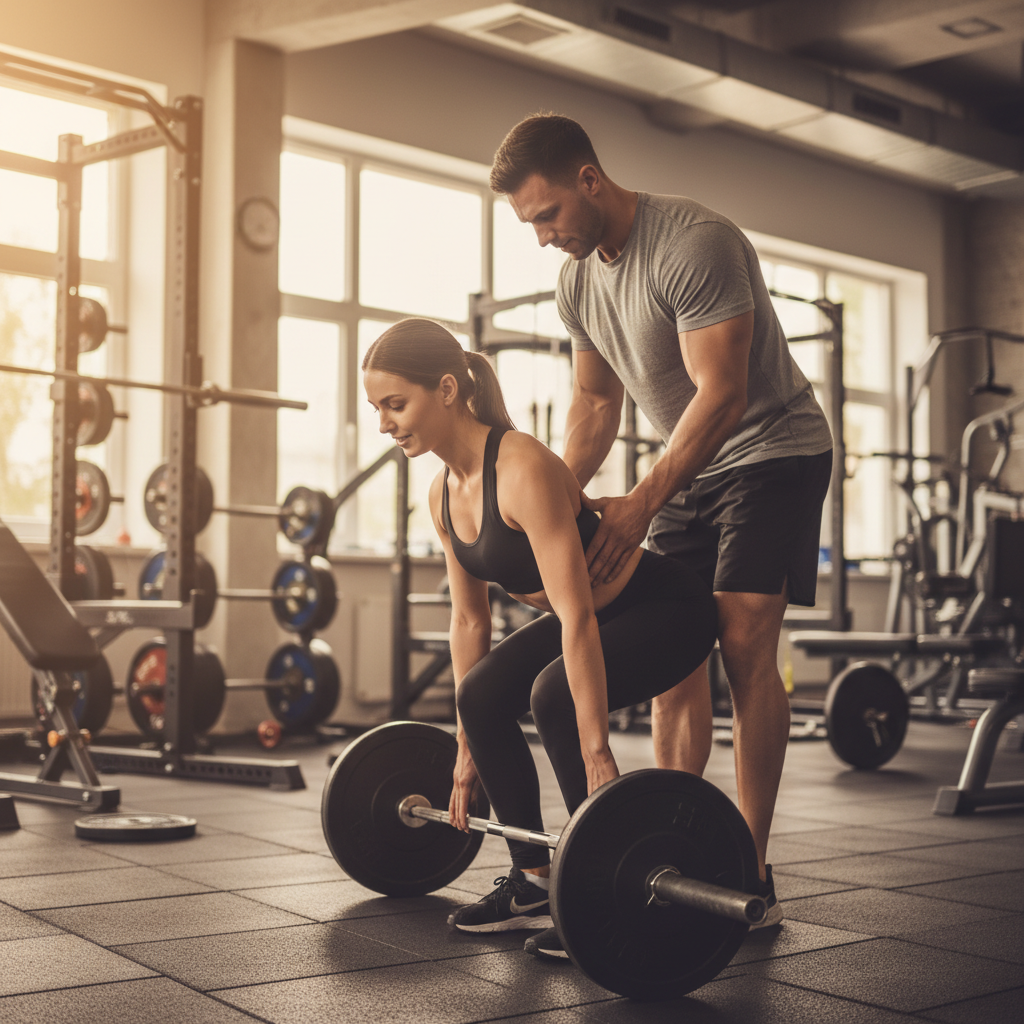 Personal trainer correcting a client's deadlift form on a gym floor