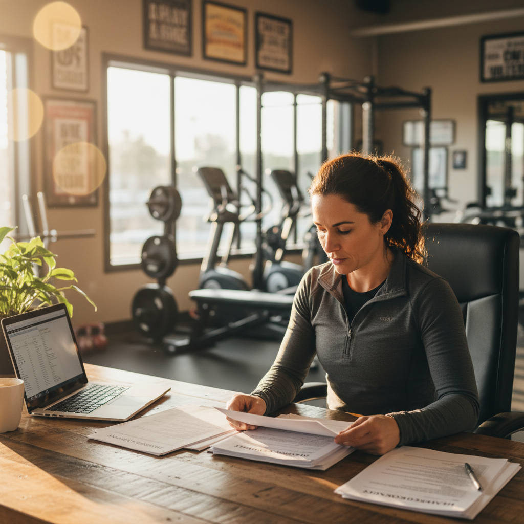 Gym owner reviewing insurance documents and contractor agreements at a desk