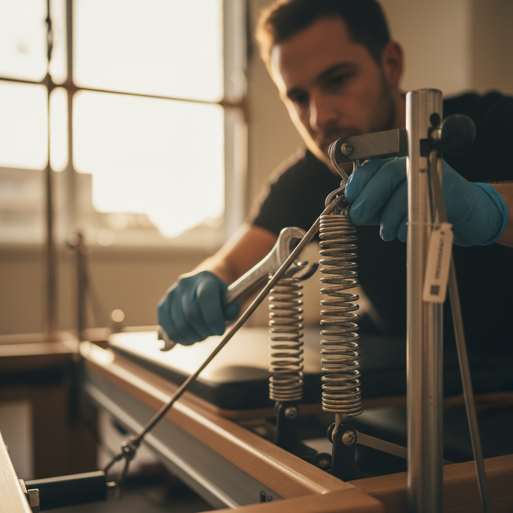 Close-up of Pilates reformer spring mechanism being inspected during maintenance