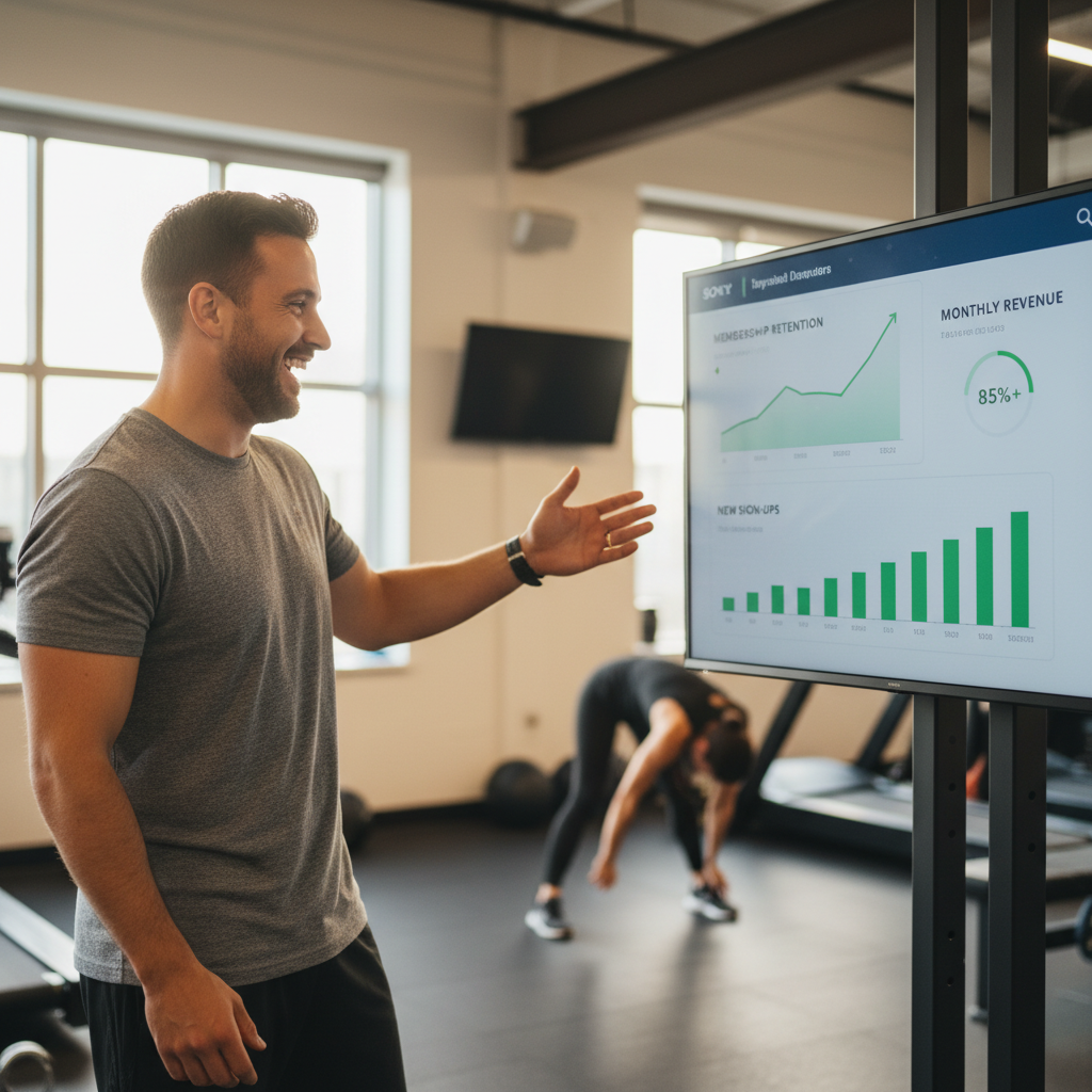 Gym dashboard showing membership retention metrics trending upward over nine months