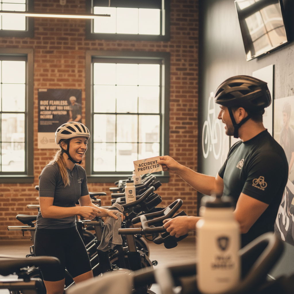 Boutique cycling studio marketing materials highlighting included accident protection