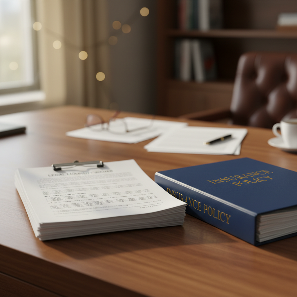 Stack of liability waiver documents next to an insurance policy binder on a desk