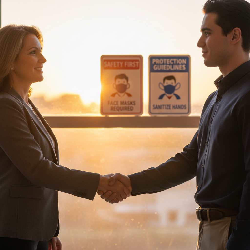 Business owner shaking hands with client in front of posted safety and protection signage
