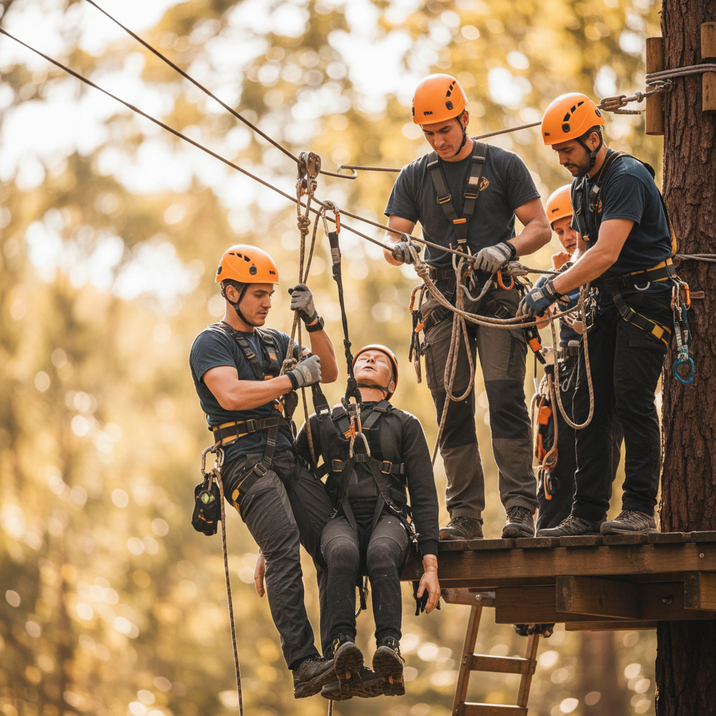 Staff members conducting a rescue drill on a zip line platform with safety equipment