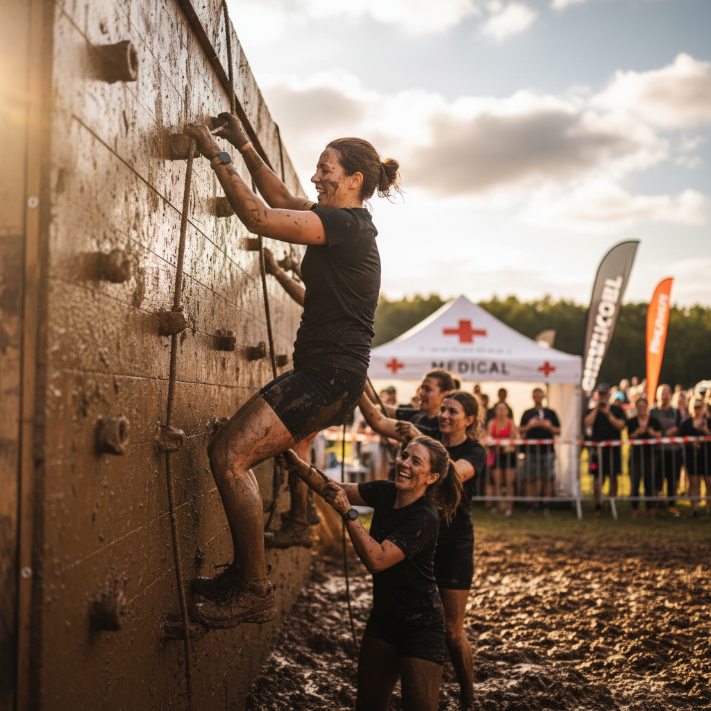 Obstacle course race with athletes navigating barriers and medical tent visible in background