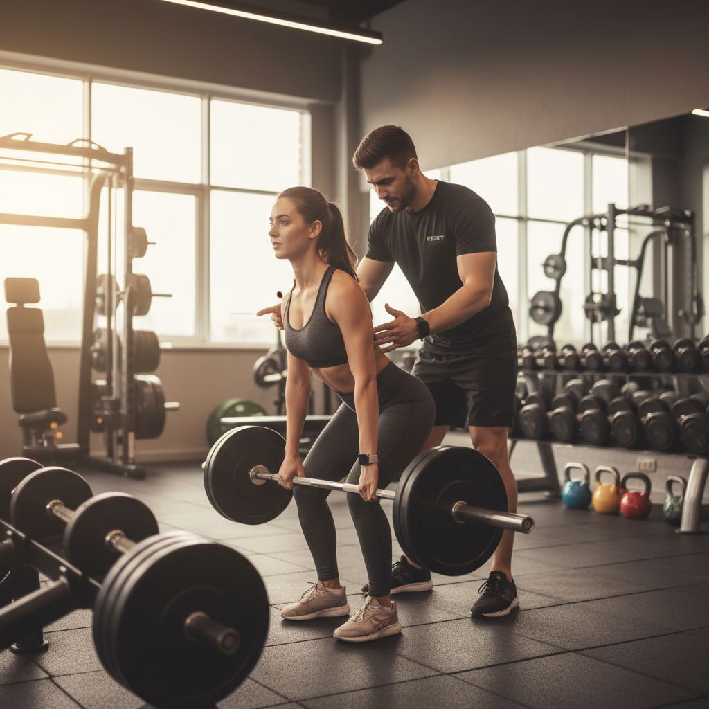 Personal trainer working with a client on weightlifting form in a well-equipped gym