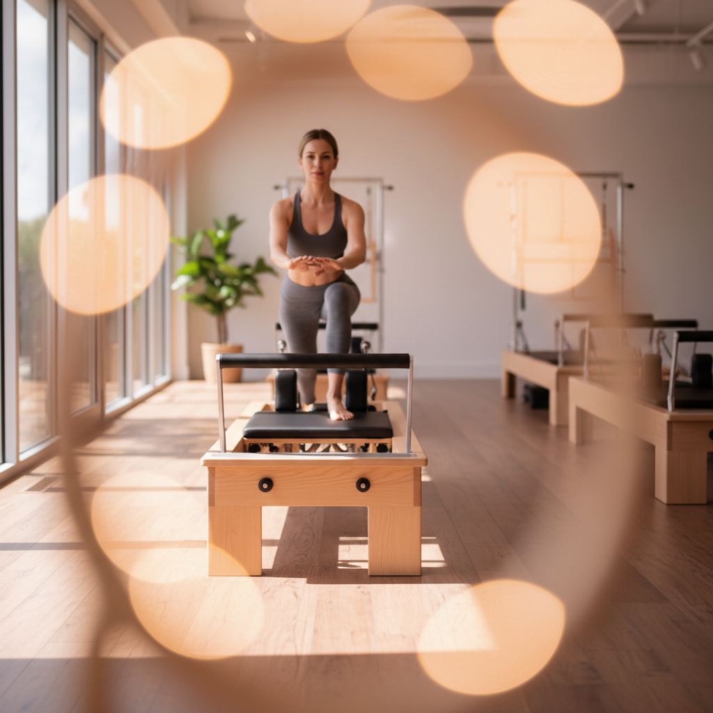 Modern Pilates reformer studio with equipment lined up and instructor preparing for class