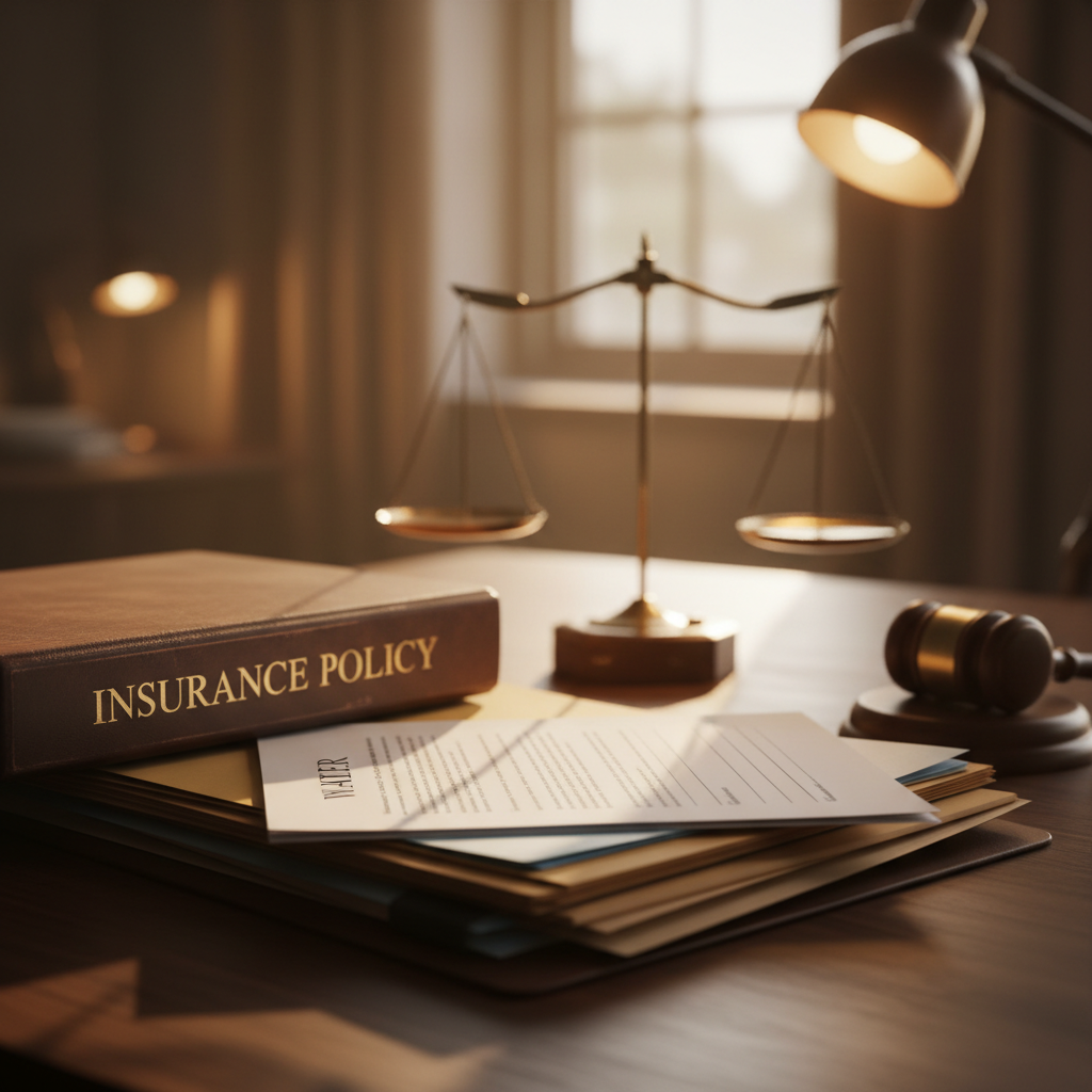 Legal documents and insurance policy on a conference table with gavel